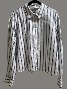 GAP Organic Cotton Cropped Button Down Blue + White Pinstripes Shirt L